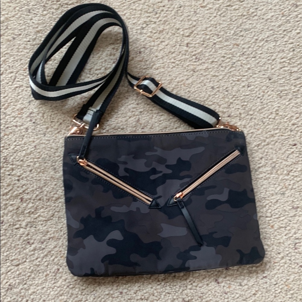 Camouflage Crossbody Bag with Striped Strap